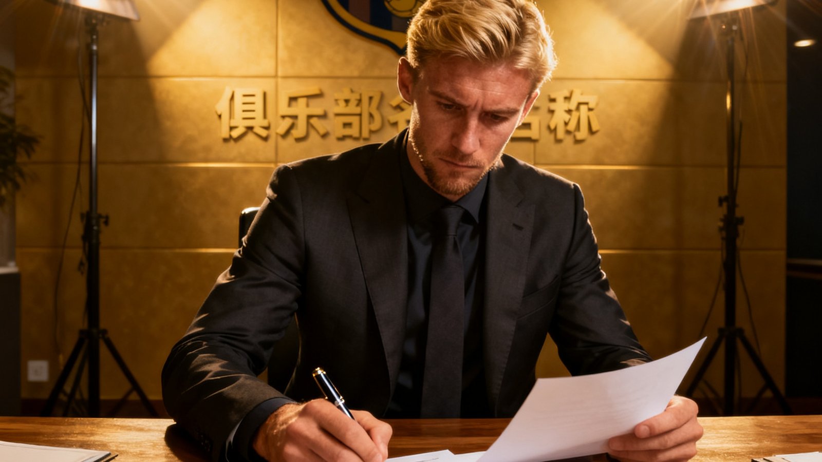 一名身穿西装的金发球员在合同上签字,背景是俱乐部标志墙和闪光灯,象征重磅转会完成